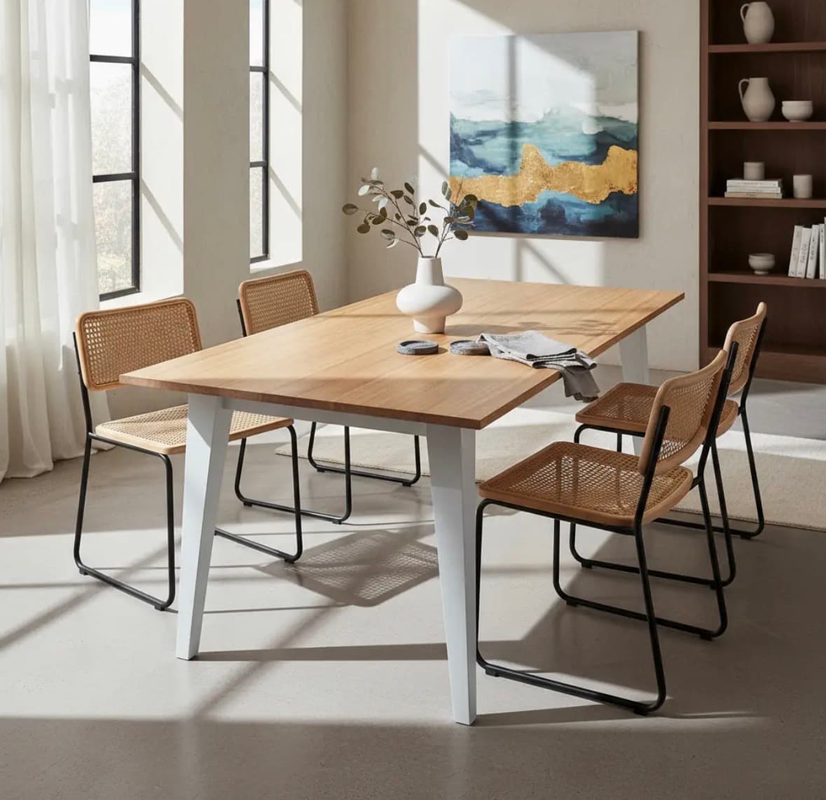Mesa sin sillas laqueada en madera y blanco
