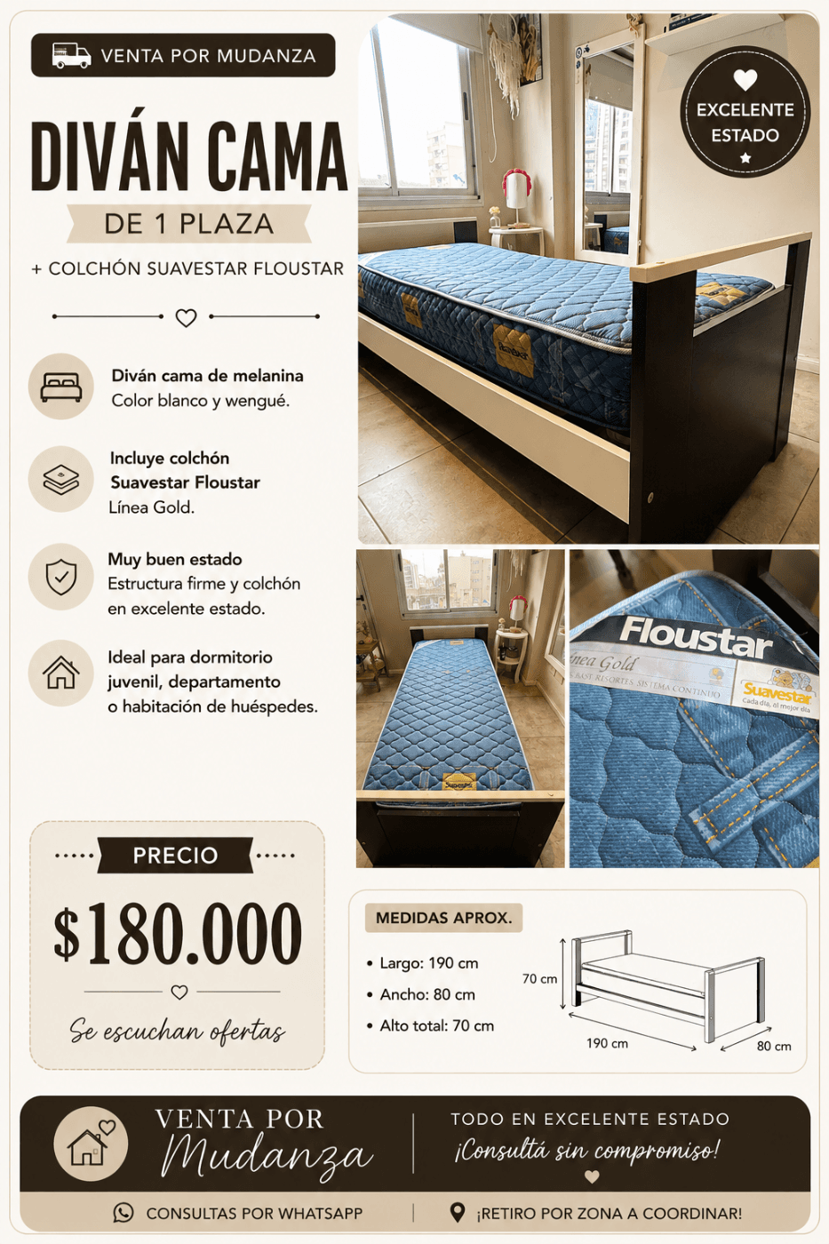 Cama diván de 1 plaza con colchón