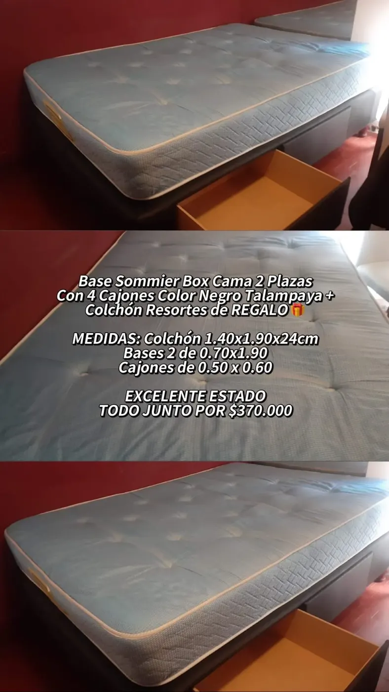 Base Sommier Box Cama 2 Plazas Con 4 Cajones Color Negro Talampaya + Colchón Resortes de REGALO